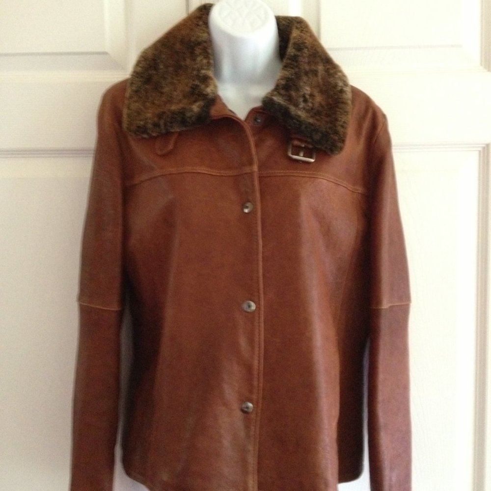 REMY USA Brown Genuine Distressed Leather and Shearling Coat, S